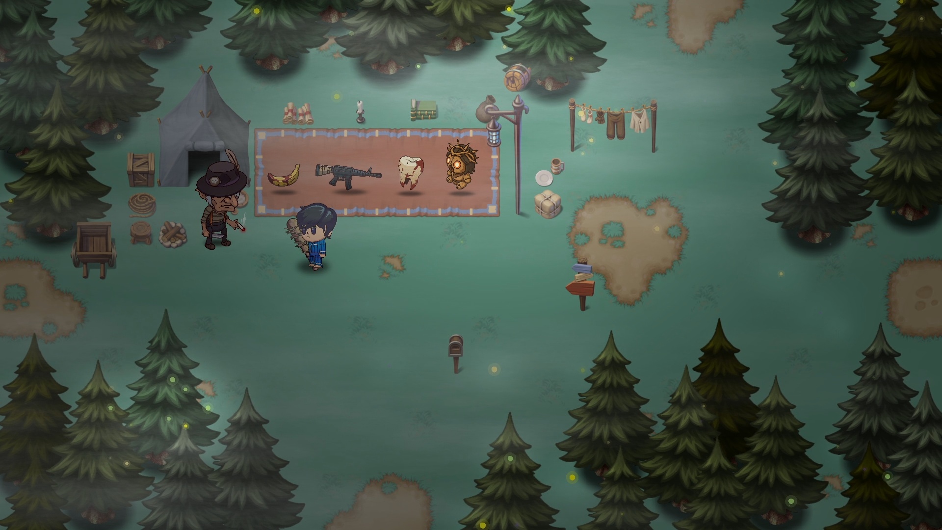 A strange merchant selling items and weapons